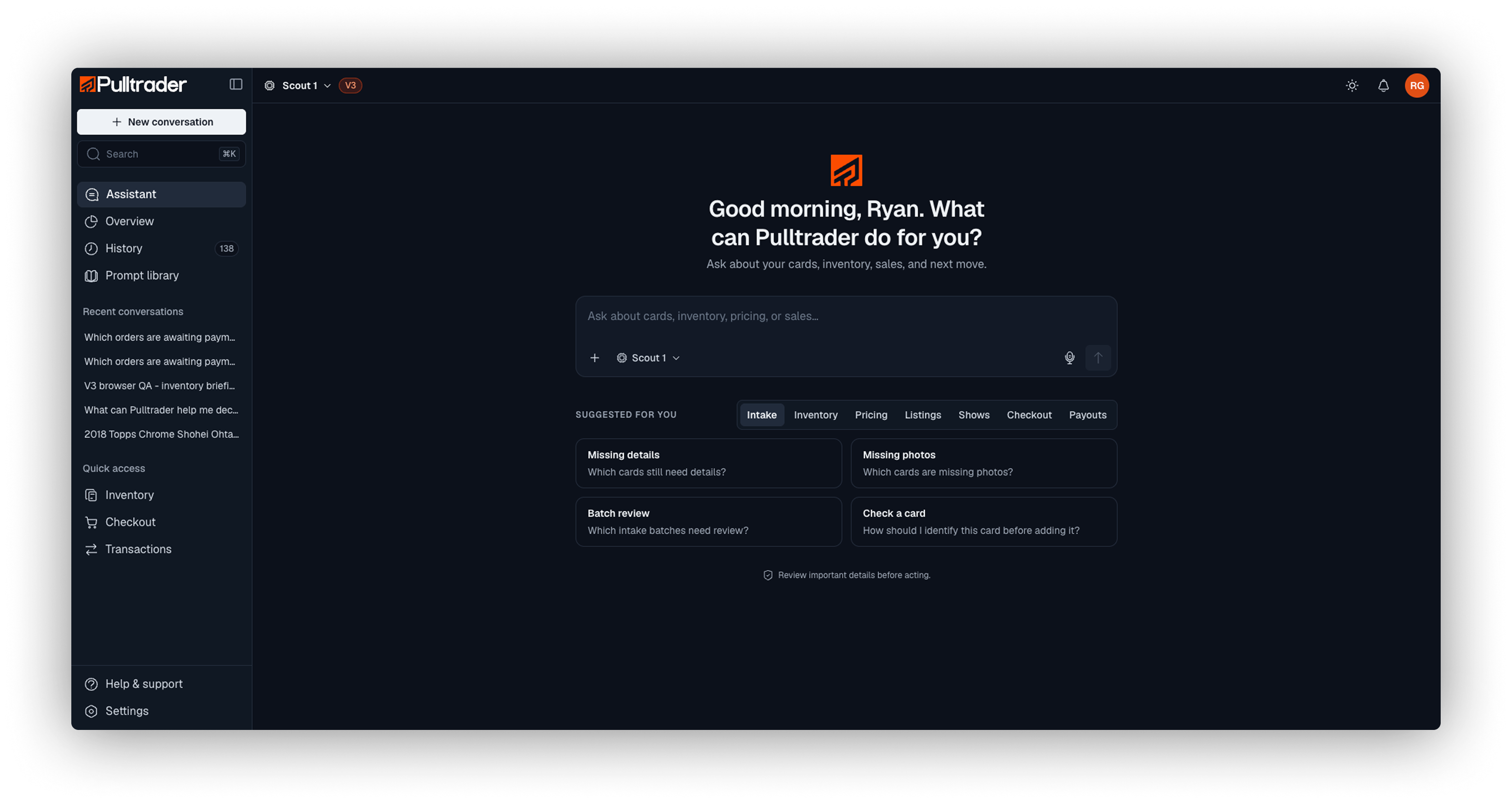 Pulltrader Assistant with suggested questions about card intake, inventory, pricing, and sales