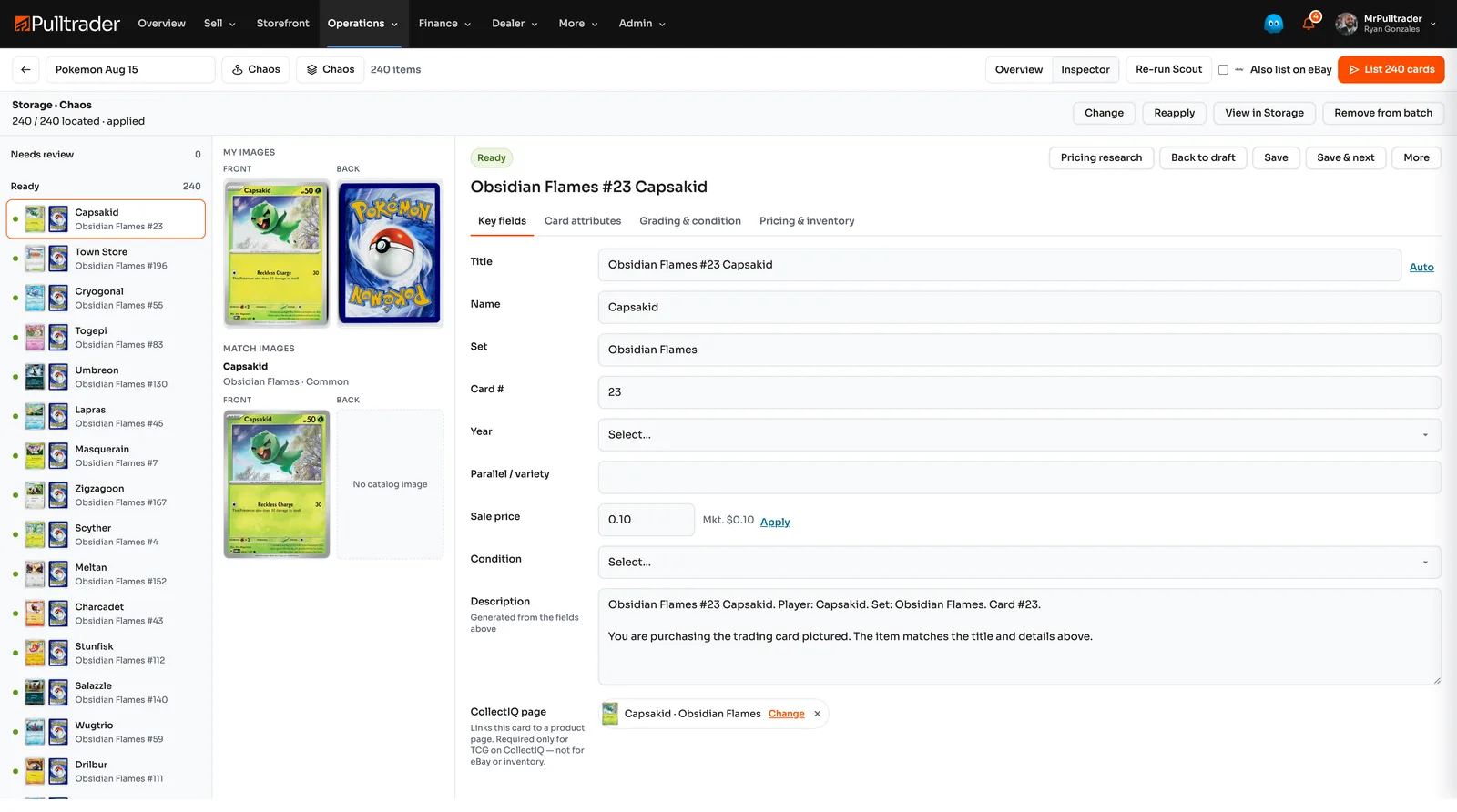 Pulltrader item record showing scanned front and back images matched to a catalog card, with title, set, card number, pricing, and a storage location applied to all 240 items in the batch