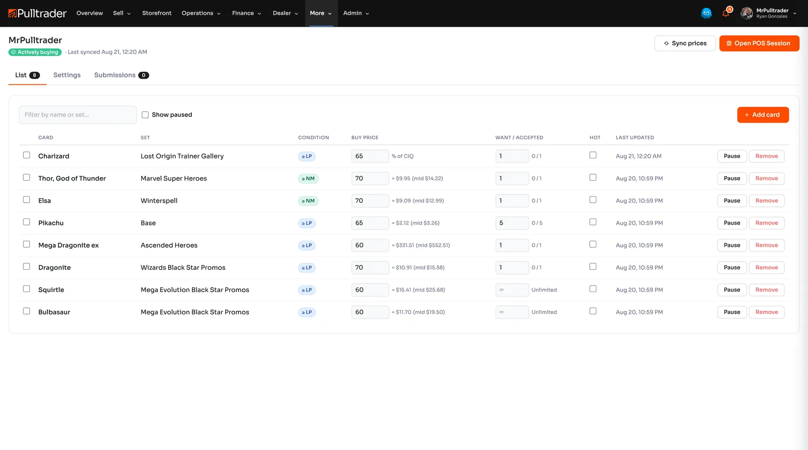 Pulltrader buy list showing wanted cards with buy prices, quantities, and submission status