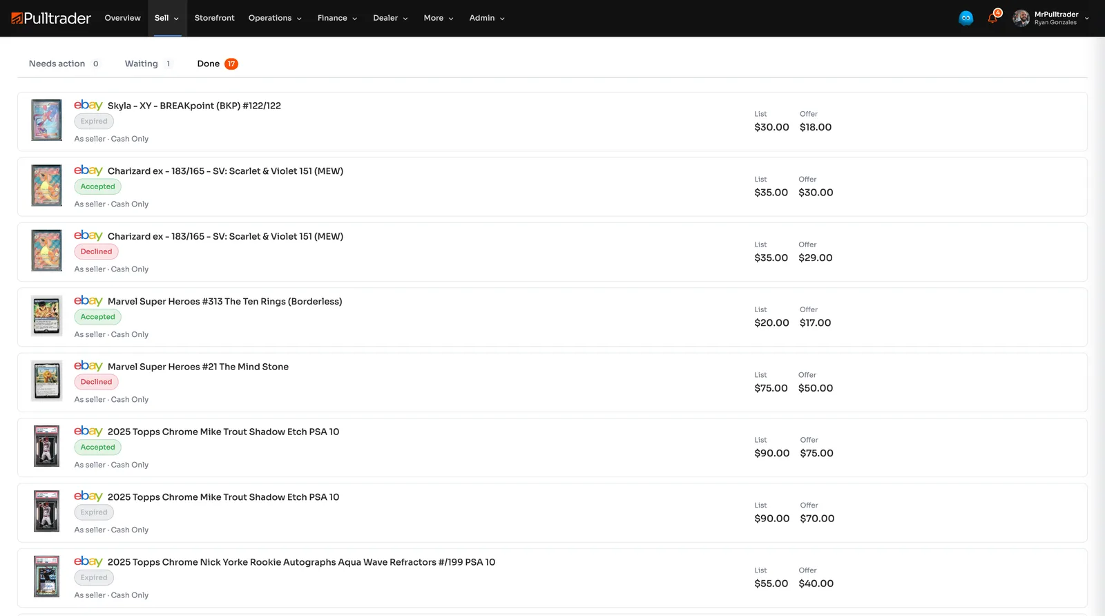 Pulltrader offer management showing list prices, incoming offers, and accepted or declined status