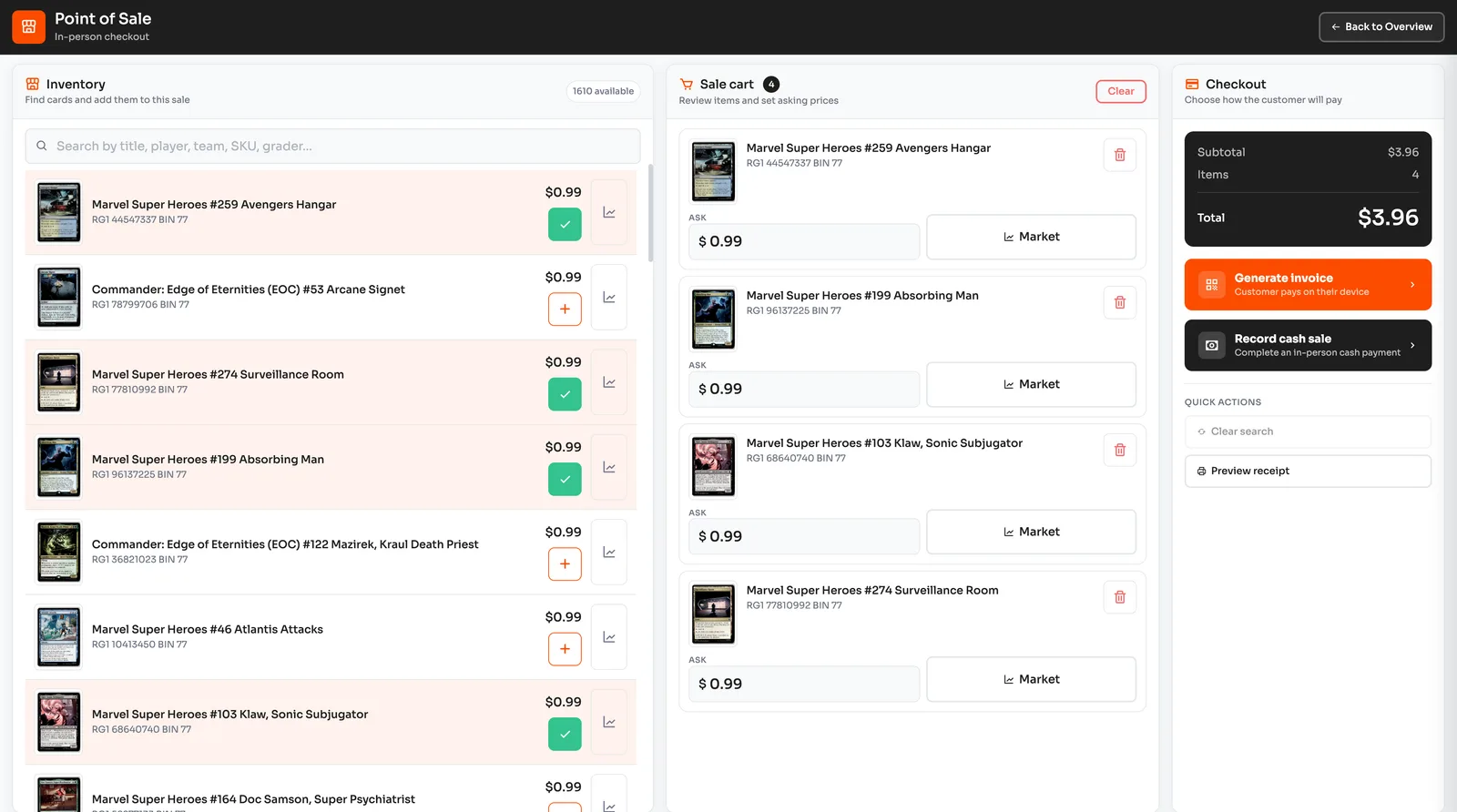 Pulltrader point of sale interface with inventory and a sales cart