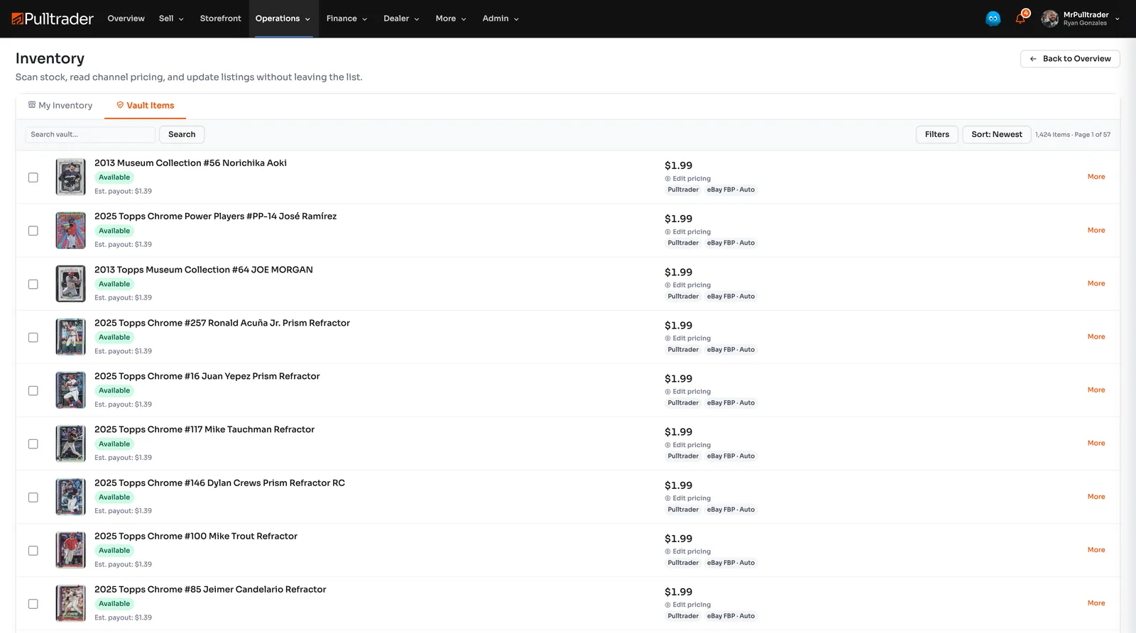 Pulltrader inventory list showing cataloged items with availability, per-channel pricing, and estimated payout